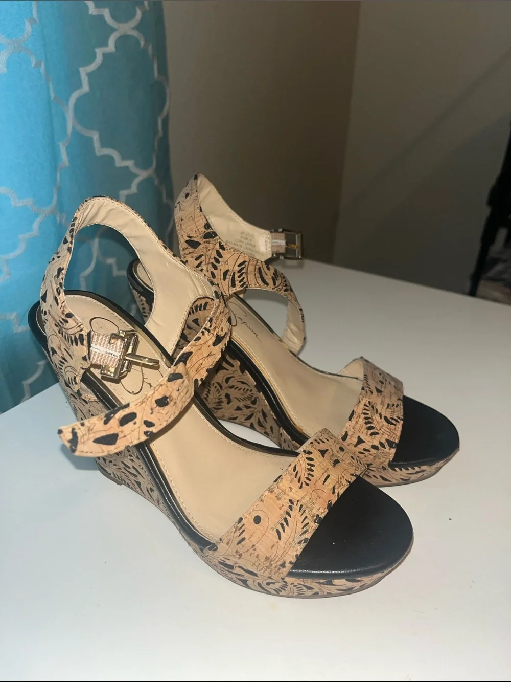 Jessica Simpson Beige Patterned Cork Wedge Sandals